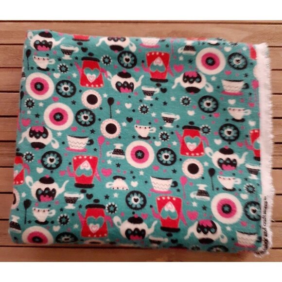 Cotton Flannel Sewing Fabric Teapots Coffee Cups Mugs Crafting Fashion 2.4 yd - Picture 1 of 8